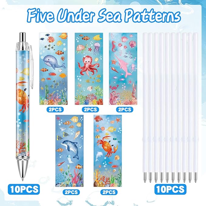 10 PCS Under Sea Ballpoint Pens Retractable Fish Shark Pens Under The Sea Party Favors with 1mm Black Ink Replaceable Ballpoint Pen Refill for Kids Birthday School Office Supplies(Under Sea，10)