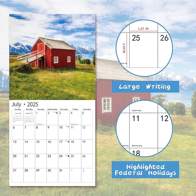 2025 Wall Calendar,Calendar 2025, January 2025 - December 2025, Wall Calendar Barns, 12" x 24" Opened,Full Page Months Thick & Sturdy Paper for Calendar Organizing & Planning