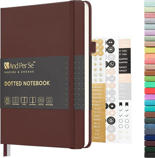 &And Per Se Dotted Journal Notebook, A5 Hardcover Leather Bullet Dotted Journal, 160 Pages 100 gsm Thick Paper，3 Sheets of Stickers Included - 5.7'' x 8''（Dark Red）