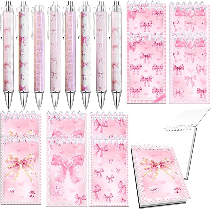 18 PCS Pink Bows Notebook Journal with Pen,Coquette Bow Pocket Notebook & Pen Set Include Ballpoint pen and Cute Small Notebook for Journaling Office Supplies