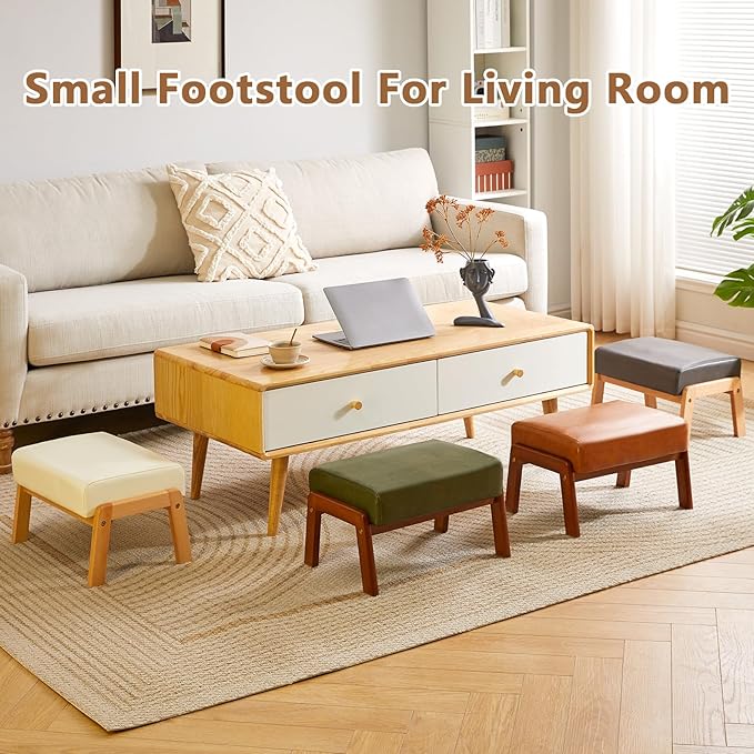 IBUYKE 10.2” H Small Foot Stool Ottoman, Rectangle PU Faux Leather Foot Rest with Padded Seat and Wood Legs, Modern Ottoman Foot Rest for Living Room Bedroom Couch Office, Yellowish-Brown WBD013J