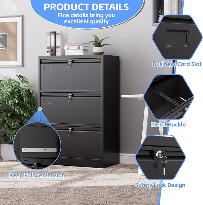 3 Drawer Lateral File Cabinet, Metal Wide Filing Cabinet with Independent Locks, Home Office Furniture for Hanging Files Letter/Legal/F4/A4 Size, Assembly Required, Black