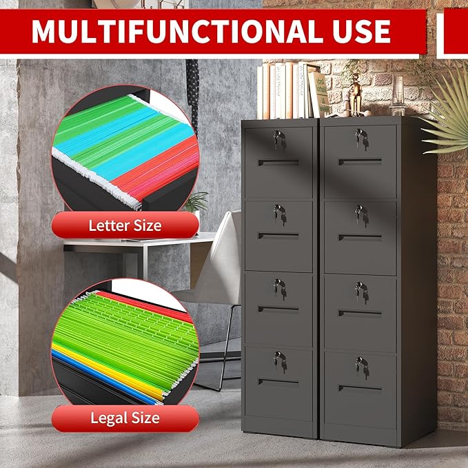 4 Drawer Metal File Cabinet with 4 Unique Locks Heavy Duty Locking File Cabinets Home Office Steel Filing Cabinet Vertical File Cabinets for Legal/Letter Size File,Assembly Required