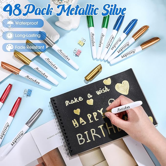 48 Pcs Metallic Permanent Markers Bulk Metallic Marker Pens Medium Tip Quick Dry Paint Pen for Classroom DIY Crafts Artist Illustration Gift Card Making(Colorful)