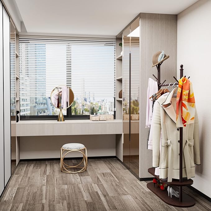 2-Tier Coat Rack Freestanding, Easy Assemble 8 Hooks Wooden Coat Rack with Shoe Storage Sturdy Coat Tree Save Space, Rustic Coat Stand for Entryway, Bedroom, Office (Dark Brown)