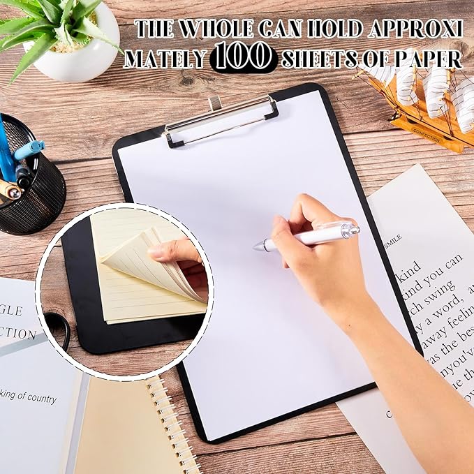 4 Pcs Metal Clipboards with Pen Holder 12 x 9 Inch Black Clip Board with Profile Clip Standard A4 Letter Size Plastic Clipboard Hanging Pen Holder Storage Clipboard for School Students Office Work