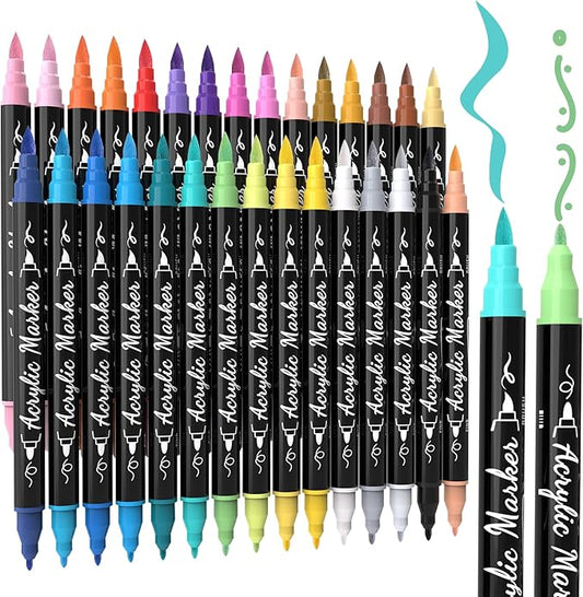 30 Colors Acrylic Paint Markers, Waterproof Dual Tip Acrylic Paint Pens with Brush and Fine Tip, Markers Set for Paper, Rock, Wood, Canvas, Glass, Ceramic and DIY Crafts Making Art Supplies