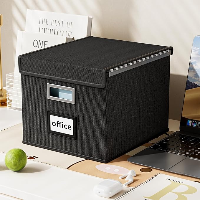 Huolewa Upgraded Portable File Organizer Box, Large Linen Hanging Office Document Storage Box with Lid - Black, Collapsible Filing & Storage Boxes for Office/Decor/Home - 14.9 x 12.59 x 10.8 inch