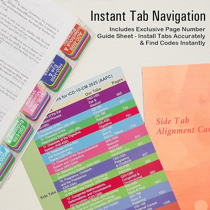 Index Tabs for ICD-10-CM Code Book 2025 AAPC Version, Upgraded Book Tabs, Color-Coded Medical Coding 2025, Laminated & Repositionable Tabs with Alignment Guide & Blank Tabs (Codebook Not Included)