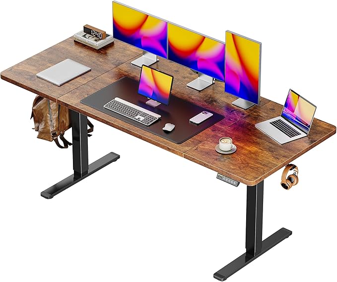 Huuger 63 x 28 Large Electric Standing Desk, Height Adjustable Computer Desk, 27.6" Deep Desktop, Stand up Gaming Office Table with 2 Hooks, 3 Preset Heights, for Home Office, Rustic Brown
