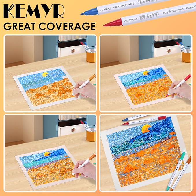 48 Colors Brush & Fine Tip Acrylic Paint Pens, Dual Tip Acrylic Paint Markers for Paper, Wood, Canvas, Stone, Rock, Glass, Fabric, DIY, Ceramic, Art Supplies for Kids and Adults Drawing