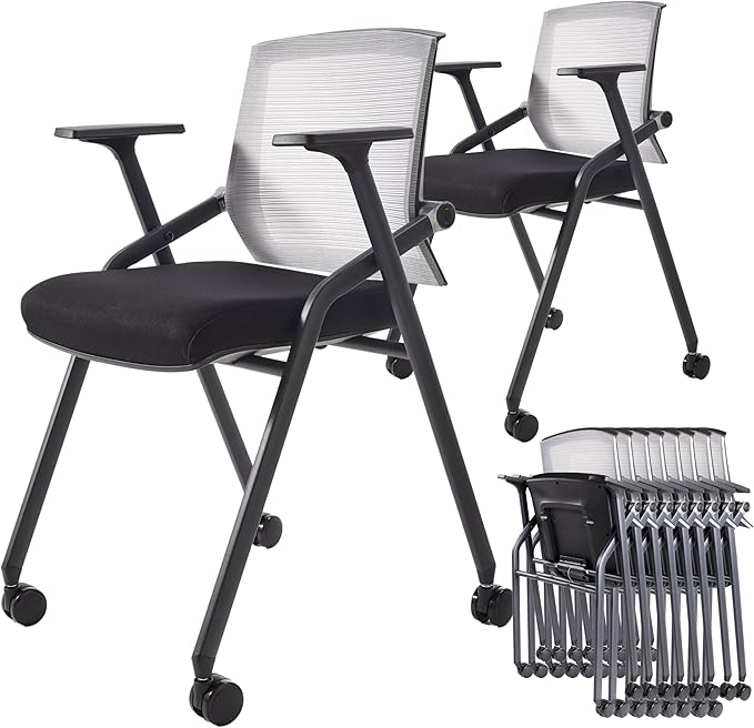 10 Pack Foldable Office Chair with PU Wheels and Sliding Armrest-Ergonomic Mesh Bouncing Back, Stackable Conference Room Chair, Office Guest & Reception & Meeting Chair (Black)