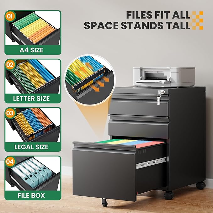 3 Drawer Mobile File Cabinet with Lock,Under Desk Storage Filing Cabinet for Home Office Fits A4 or Letter Size(Unassembled,Black)
