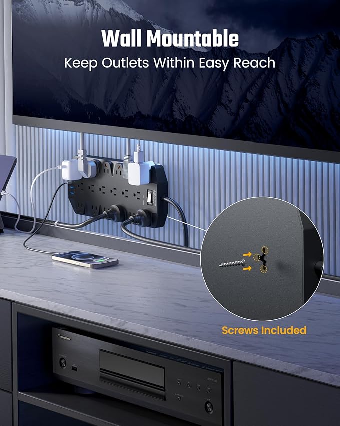 18 Widely Outlets Power Strip, SUPERDANNY Surge Protector with 4 USB Ports, 15FT Flat Plug Heavy Duty Extension Cord, 2100J, 1875W/15A, Wall Mount Holes for Home, Office, Dorm, Black