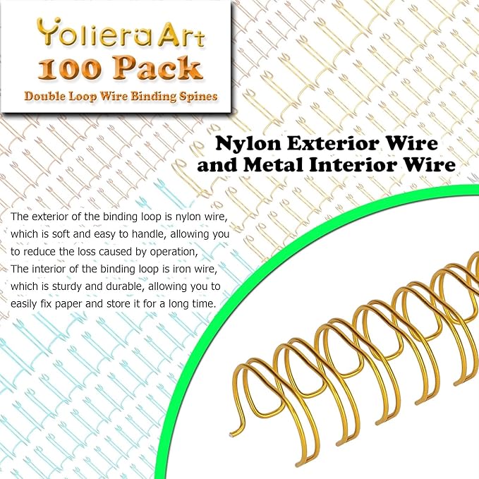 100 Pack Double Loop Wire Binding Spines, YolieraArt 1/4 Inch Spiral Binding Coils for Letter Size,Metal Bindings for Notebook Binder Machine (20 Sheet Capacity, 100P, 3:1 Pitch Twin Combs, Gold)