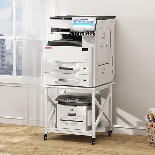 23.6 x 23.6 Inches Large Printer Stand, 2 Tier Square Printer Table with Storage Shelf for Home Office, Multi-use Rolling Cart with Wheels for Laser, 3D Printer and Mini Fridge - White