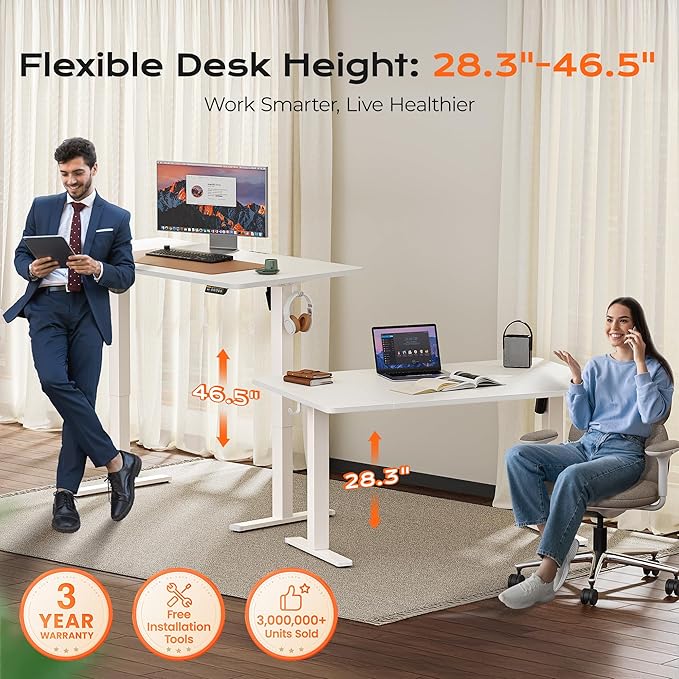 Huuger 55 x 28 Large Electric Standing Desk, Height Adjustable Copmuter Desk, 27.6" Deep Desktop, Stand up Gaming Office Table with 2 Hooks, 3 Preset Heights, for Home Office, White