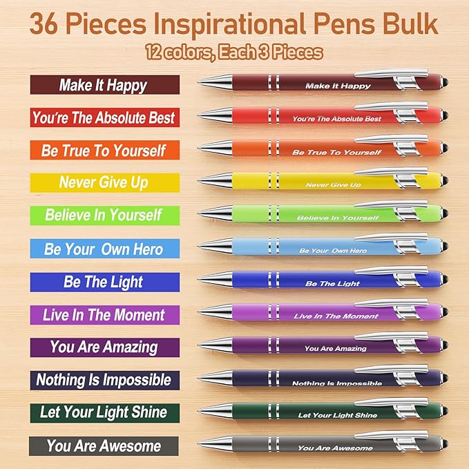 36 Pcs Motivational Pens Bulk, Inspirational Ink Pens with Stylus Tips, Positive Sayings Ballpoint Pen for Writing, Thank You Gifts for Men Women School Office, Black Ink