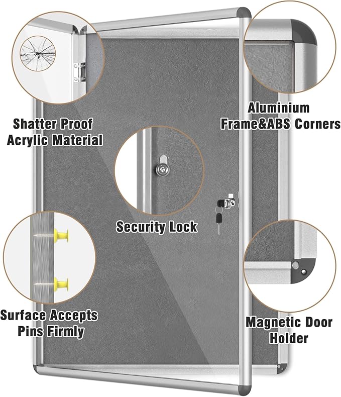 38"x28" Enclosed Bulletin Board, Lockable Weather-Resistant Aluminum Cork Noticeboard for School & Office, Silver Frame w/Grey Flet