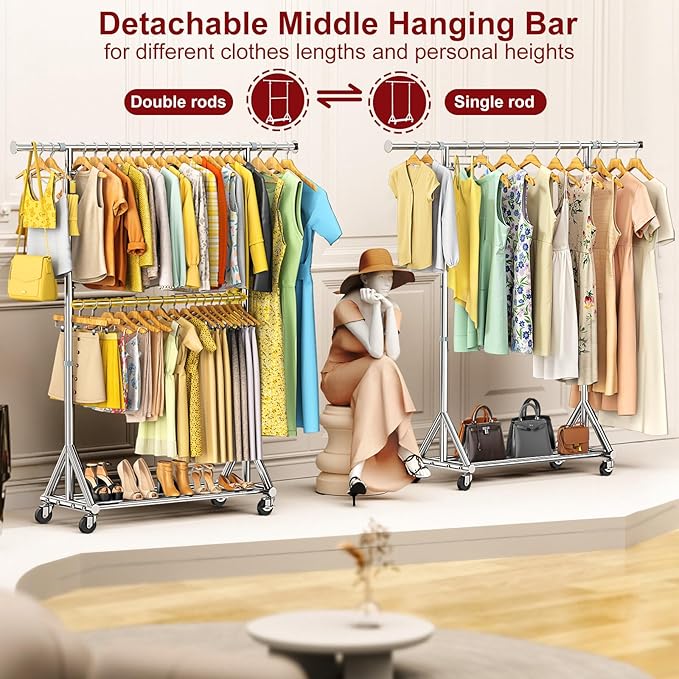 100% Stainless Steel Heavy Duty Clothes Rack Load 860LBS, Rolling Double Rods Clothing Racks for Hanging Clothes, Adjustbale Garment Rack With Sturdy Wheels Shelf, Portable Closet Rack Free Standing