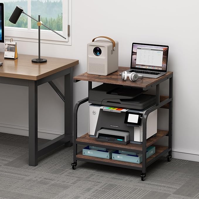 23.6" Deep Extra Large Printer Stand, 3 Tier Printer Table with Adjustable Storage Shelf, Rolling Printer Cart with Industrial Wheels for Home Office, Rustic Brown