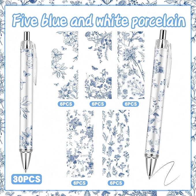 30PCS Blue and White Porcelain Pen 0.5mm Black Ink Fancy Pens Smooth Writing Retractable Ballpoint Pens for Journaling Aesthetic Office Supplies (BlueandWhitePorcelain, 30)