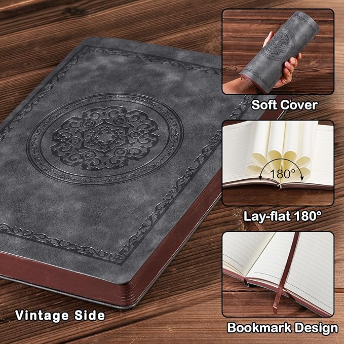 2025 Leather Vintage Journal Notebook,300 Pages,Leather Softcover Lined Journal Notebooks for Women Men,Notebook Journals for Writing Travel,Business,Office,Grey