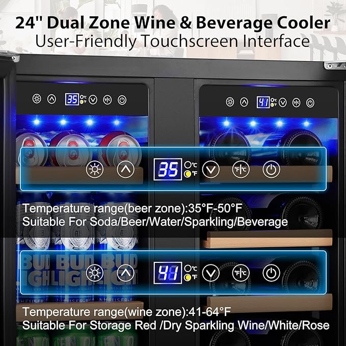 24 Inch Dual Zone Wine and Beverage Refrigerator, Built-in or Freestanding Cooler with French Doors, Drink Fridge with Upgraded Compressor for Beer, Wine, and Soda