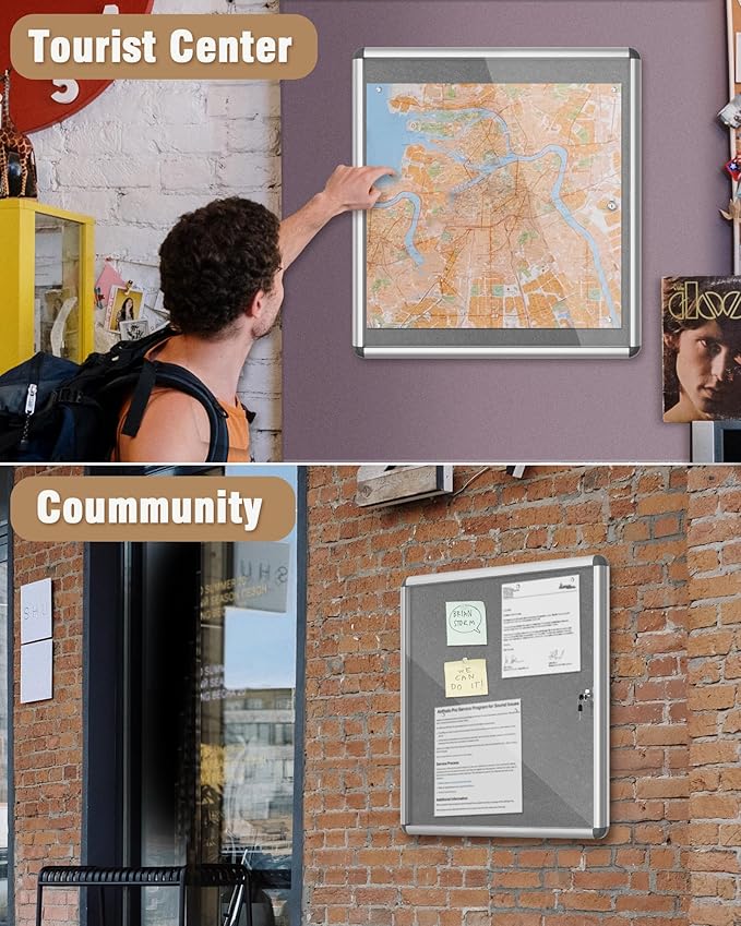 28"x26" Enclosed Bulletin Board, Lockable Weather-Resistant Aluminum Cork Noticeboard for School & Office, Silver Frame w/Grey Flet