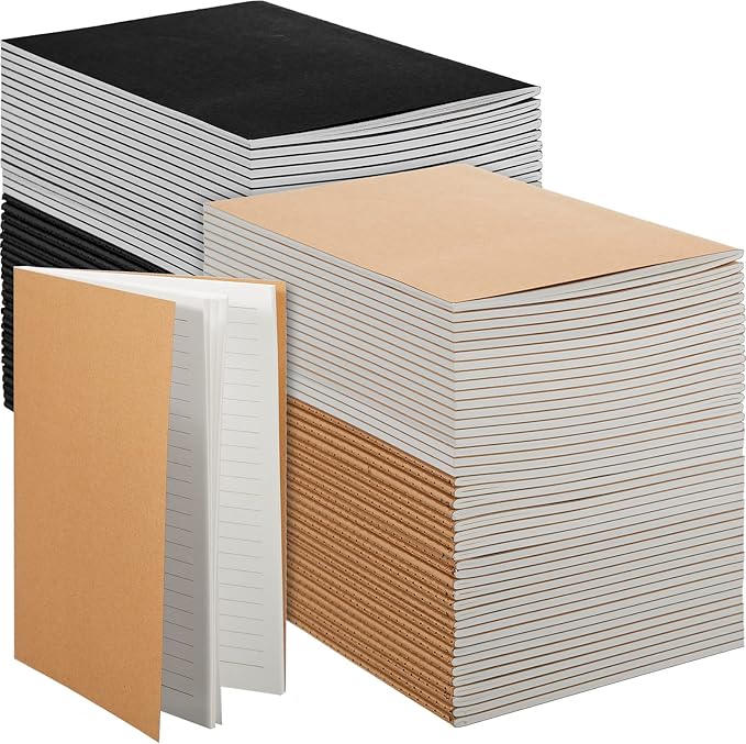 100 Pcs Kraft Notebook Journals 5.5 Inch x 8.3 Inch A5 Softcover Notebooks Bulk for Writing Sketch Office Notepad with 60 Pages 30 Sheets (Multicolor,Lined)(Black, Brown,Lined)