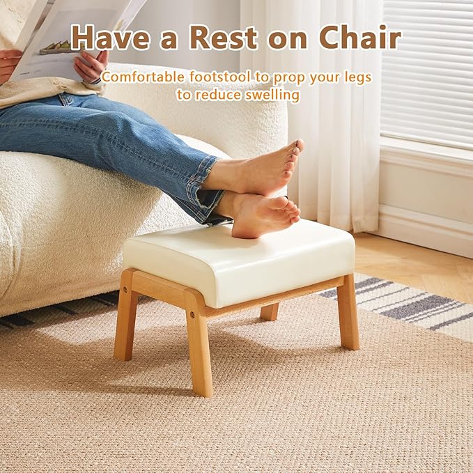 IBUYKE 10.2” H Small Foot Stool Ottoman, Rectangle PU Faux Leather Foot Rest with Padded Seat and Wood Legs, Modern Accent Ottoman Foot Rest for Living Room Bedroom Couch Office, White WBD013W