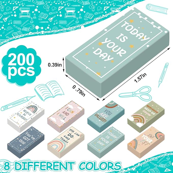 200 Pcs Back to School Inspirational Erasers Bulk Gifts Boho Everyone is Welcome Classroom Decor Fun Rainbow Motivational Pencil Erasers for Classroom Office Teacher Artists Prize Reward