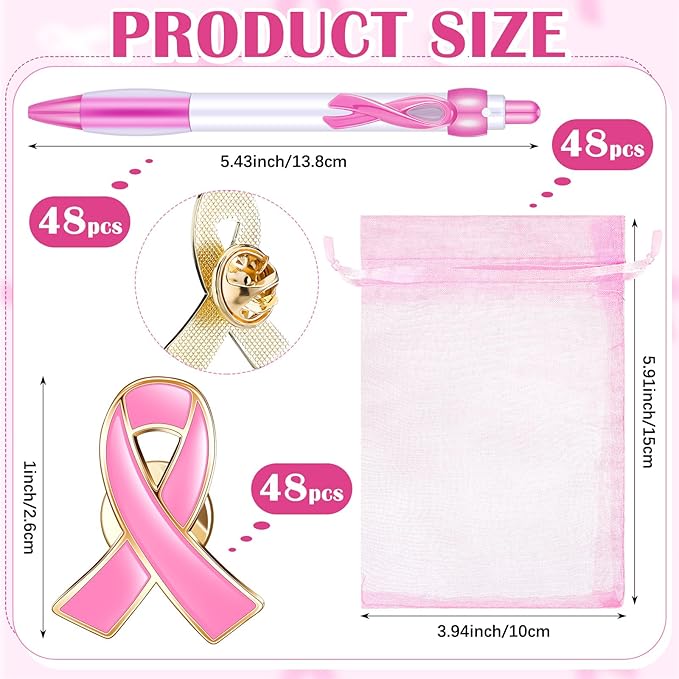 192 pcs Breast Cancer Awareness Items Bulk Pink Cancer Patients Survivor Gifts Include Pink Ribbon Pens Pins Bracelets Organza Bags Cancer Survivor Campaign Supplies for Theme Charity Event