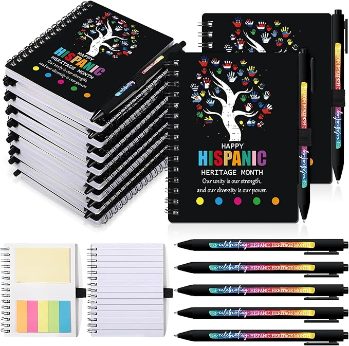 20 Sets Hispanic Heritage Month Gift Hispanic Notebooks with Ballpoint Pens and Sticky Notepad Index Tabs Latin American Spanish Journals Pens Gift for Classroom Teacher Rewards Supplies