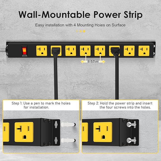 20Amp Power Strip Surge Protector, Durable Metal 8-Outlets with Heavy Duty 20 amp 10Ft 12 Gauge Extension Cord for Garage Workshop & Industrial Use, 1200J