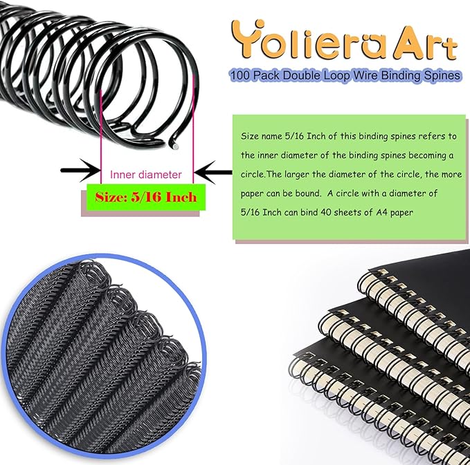 100 Pack Double Loop Wire Binding Spines, YolieraArt Wire Binding Spines, 5/16 Inch Binding Wire for Letter Size (40 Sheet Capacity, 100P, 3:1 Pitch, Red)