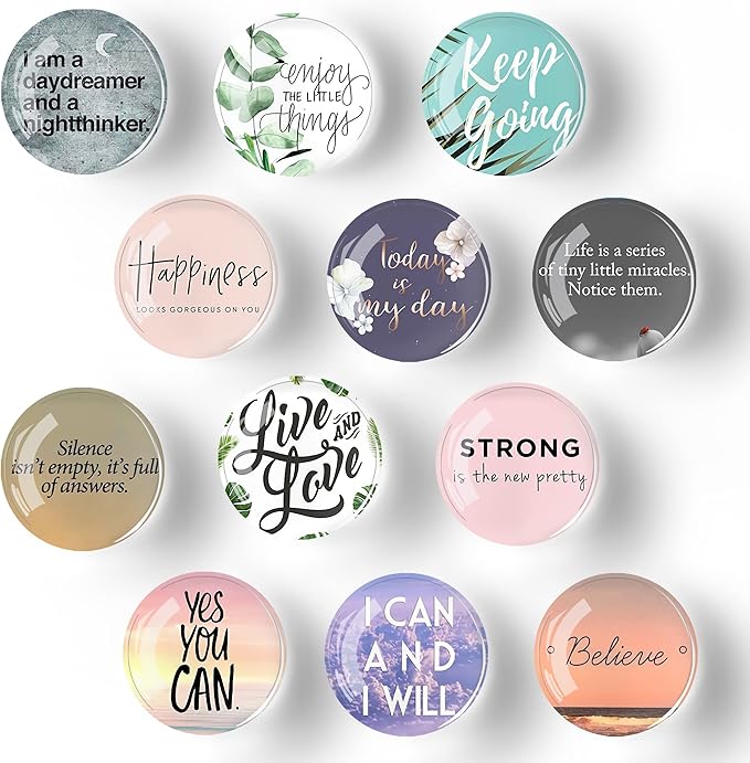 12Pcs Glass Strong Magnetic Refrigerator Magnet Fridge Sticker,Motivational Fridge Magnets Decoration for Crafts,Strong Fridge Magnets for Kitchen, School,Office Whiteboard, Cabinet and Dishwasher