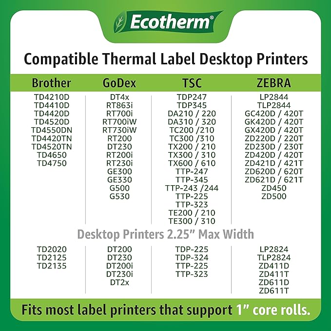 1.25" x 1" Thermal Labels | 4 Rolls | 5520 Labels | fits Zebra, Godex, Arkscan, iDPRT, Offnova Thermal Label Printers and More | Blank White Adhesive Stickers by Ecotherm