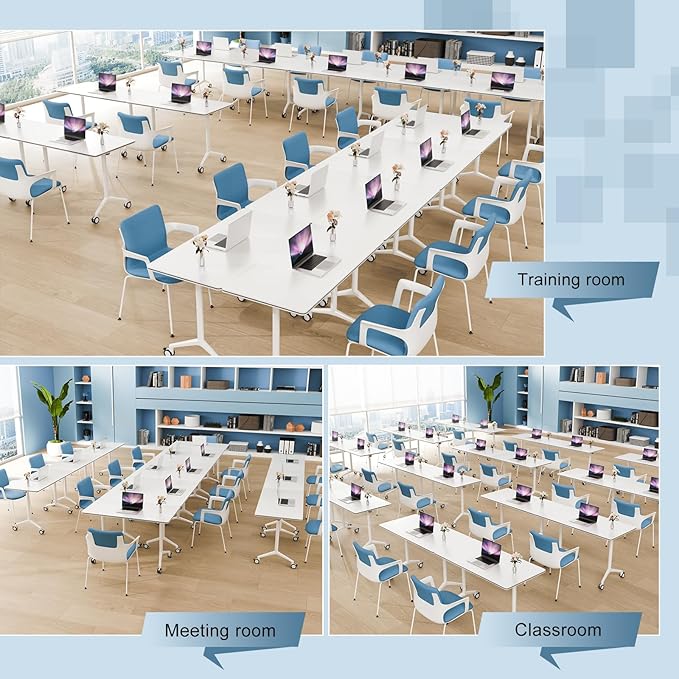 2Pack Folding Conference Room Table, Modern Conference Tables with Silent Wheels, Large Rectangular Mobile Training Tables for Office Classroom, Foldable Modular Seminar Table White (L55.1in)