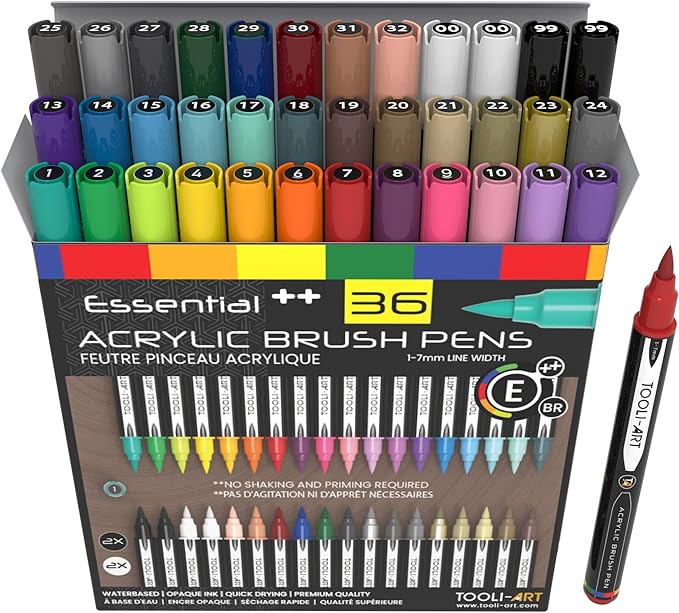36 Flexible Brush Tip Acrylic Paint Pens Markers Set 1-7mm Line for Rock Painting, Brush Lettering, Scrapbooking, Glass, Mugs, Wood, Metal, Canvas, Fabric, Plastic. Non Toxic Waterbased Quick Drying