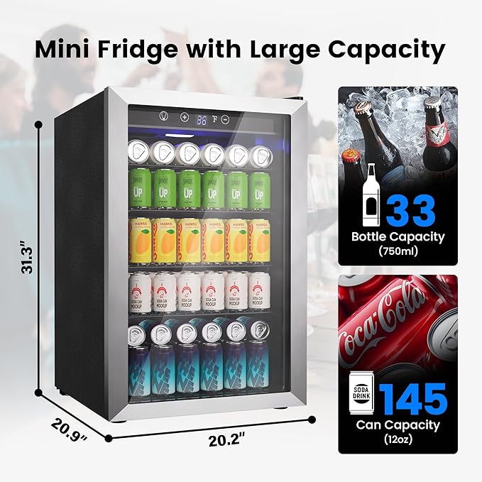 4.5 Cu.Ft Beverage Refrigerator Cooler - 145 Can Mini Fridge Glass Door for Soda Beer Wine, Small Refrigerator for Bedroom Office Home Bar, 4 Adjustable Shelves, Silver