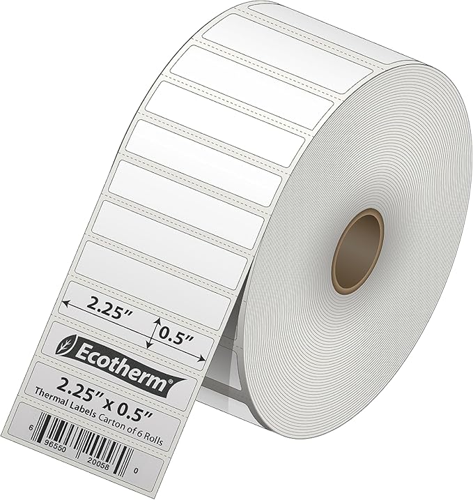 2.25" x .5" Thermal Labels | 6 Rolls | 25200 Labels | fits Zebra, Munbyn, Rollo, Godex, Arkscan, iDPRT, Offnova Thermal Label Printers and More | Blank White Adhesive Stickers by Ecotherm