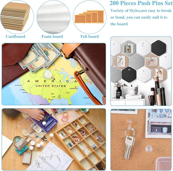 200 Pieces Push Pins Set, 5 Types Clear Thumb Tacks Push Pins for Wall Cork Board Bulletin Boards with Storage Box