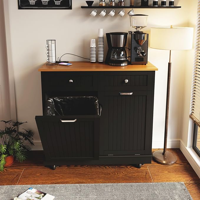 20 Gallon Tilt Out Trash Cabinet, Wooden Kitchen Trash Can Cabinet with Hideaway Drawer, Freestanding Laundry Hamper Garbage Recycling Cabinet on Wheels, Pet Proof, Double, Black