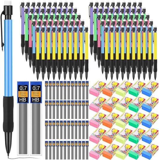 360 Pcs 0.7mm Mechanical Pencils Bulk Set Include 120 Mechanical Pencil 120 HB Lead Refills 120 Erasers for Art Office Classroom School Student Writing Drawing Sketching Supplies