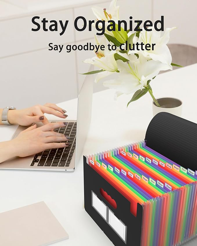 4 Pack Expanding File Folder, 24 Pocket Accordian File Organizer A4 Letter Size Portable Document Organizer with Colored Tabs, Expandable Desktop Accordion Folder -Black