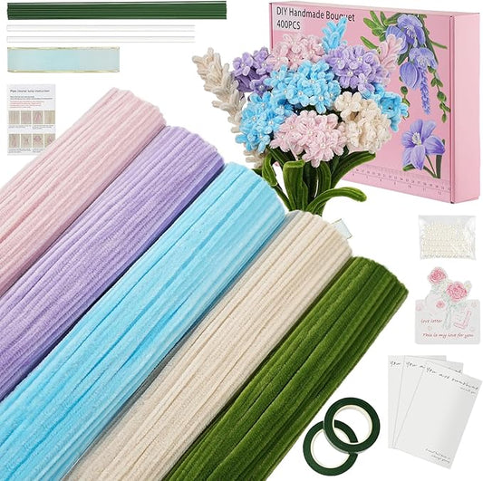 400 Pcs Craft Pipe Cleaners Flowers,5 Assorted Colors Chenille Stems Bulk with Floral Wires, Gardening Tape,Greeting Card,Bouquet Paper,Hot Glue Stick,Pearl & Ribbon,Ideals for Various Types Decor