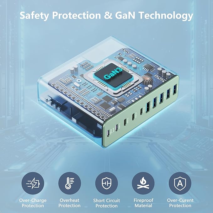 320W USB C Charger Block, 10-Port USB C Charging Station GaN III PD 65W PC Laptop Fast Charger Adapter for MacBook Pro/Air, DELL, iPad, iPhone, Samsung Galaxy (Green)