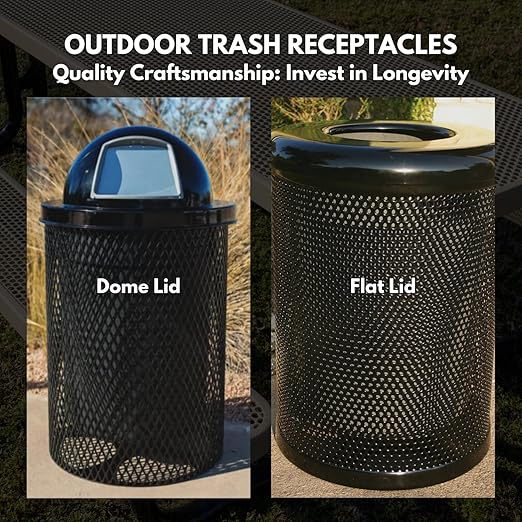 32-Gallon Heavy-Duty Punched Steel Round Trash Receptacle, Commercial Outdoor Waste Bin with Liner & Black Flat Top Lid – Made in America (Textured Copper)