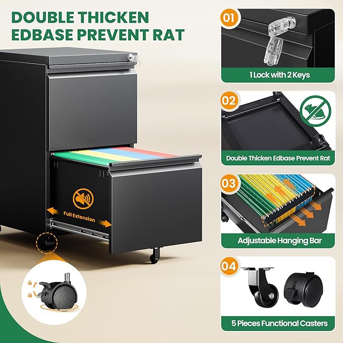 2 Drawer Metal File Cabinet with Lock, Rolling File Cabinets with Lock for A4/Legal/Letter Size, Under Desk Filing Cabinet for Home Office Assembly Required（Black）